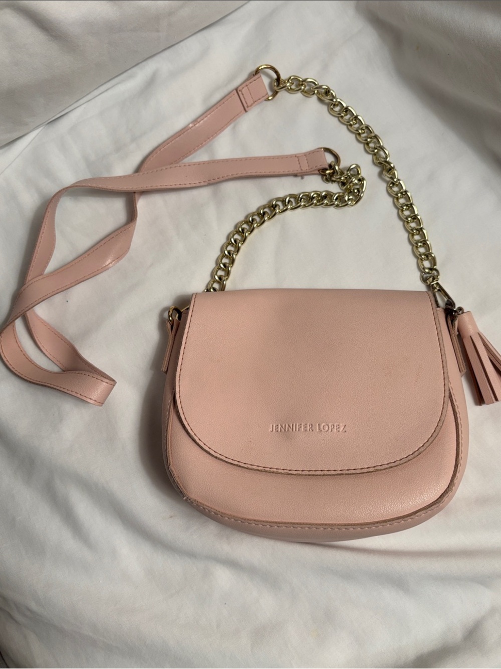 Jennifer Lopez Pink Saddle Crossbody with Gold Chain
